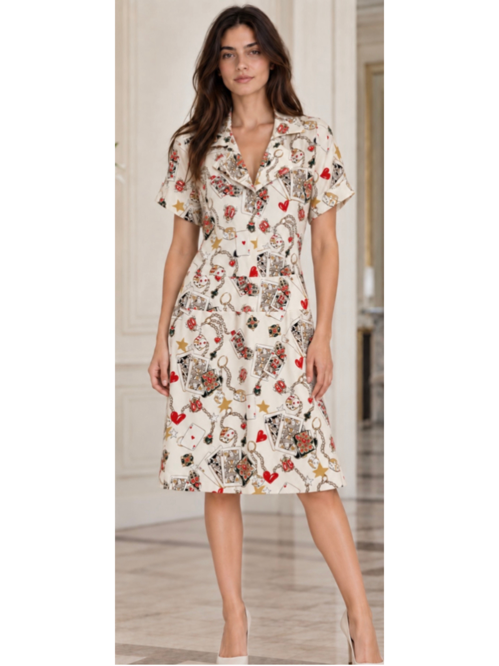 Mermen Turkish Luxury Playing Card Print Midi Dress Size 40/10 Beige Red Vegas